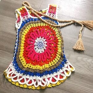 QED London women's  bohemian festival crochet sleeveless muticolor top. 🌈. EUC